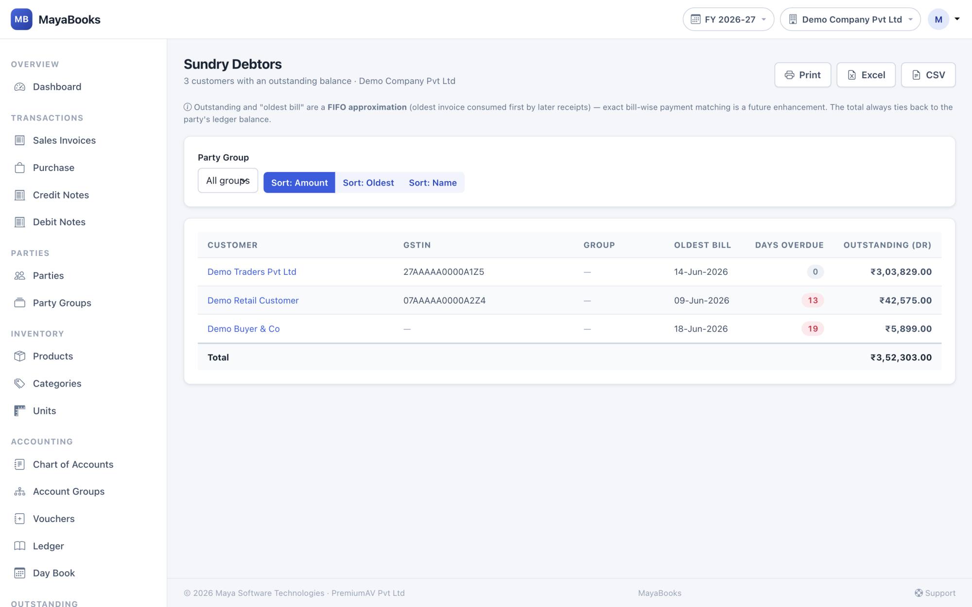 MayaBooks Sundry Debtors report — outstanding balances with days overdue and export buttons