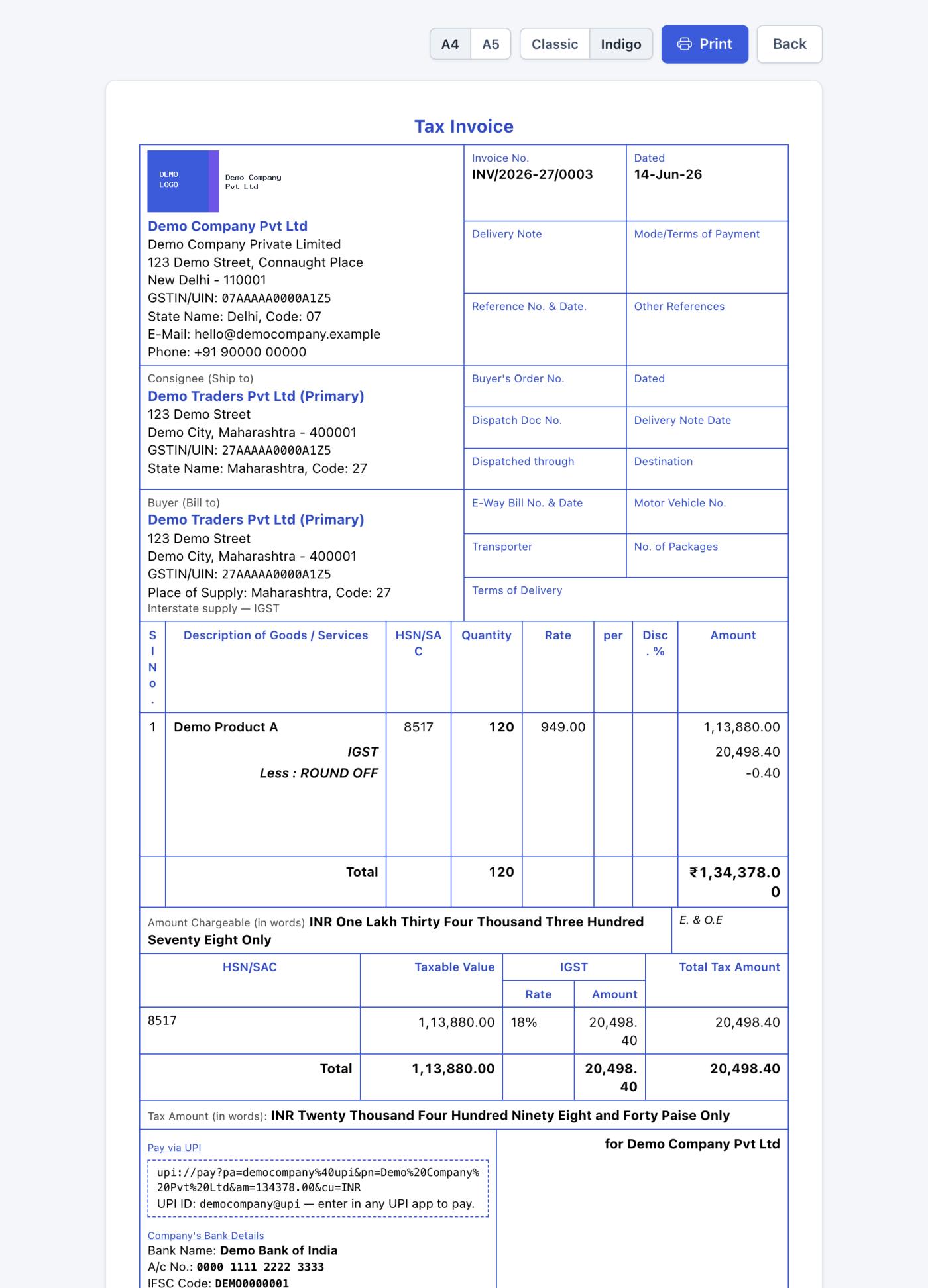 MayaBooks GST tax invoice print — classic boxed layout with IGST, HSN summary and authorised signatory